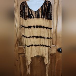 Plus size French Blue tie-dye poncho with fringe detail and embellishment 1X